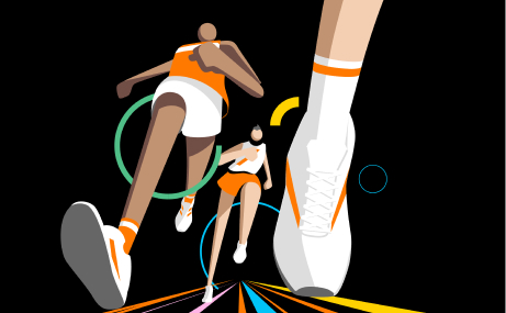 Un graphique montre 3 athlètes qui courent sur une piste.