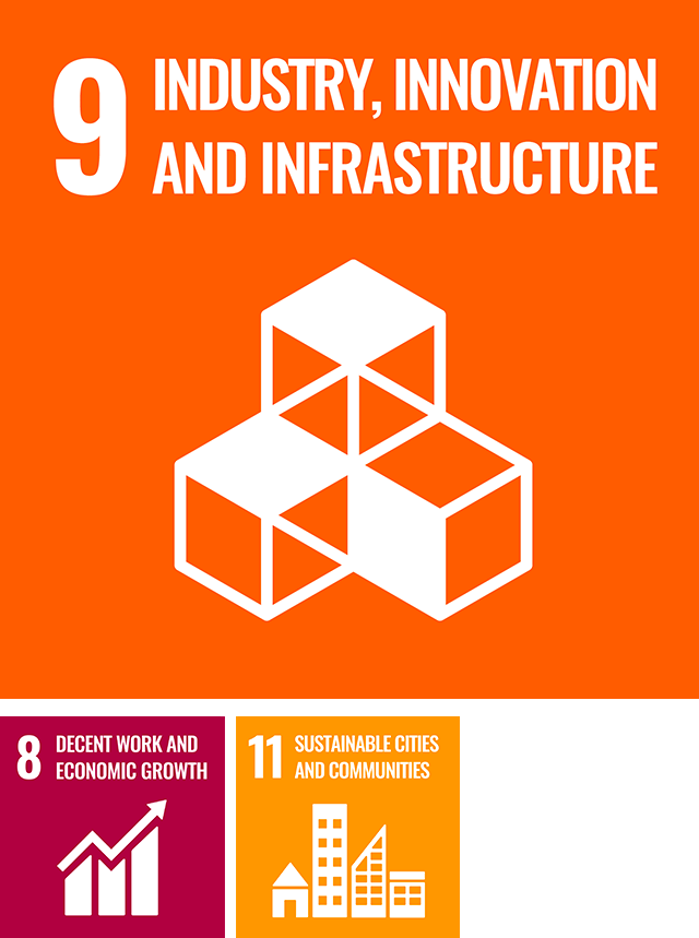 Logos number 9, 8 and 11 of the sustainable development goals  