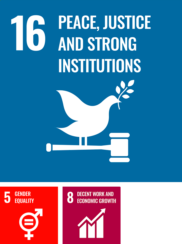 Logos number 16, 5 and 8 of the sustainable development goals  